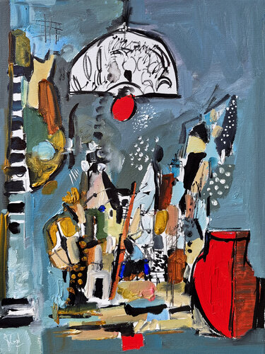 Intérieur-extérieur au vase rouge par Muriel Cayet, Peinture en vente sur Singulart