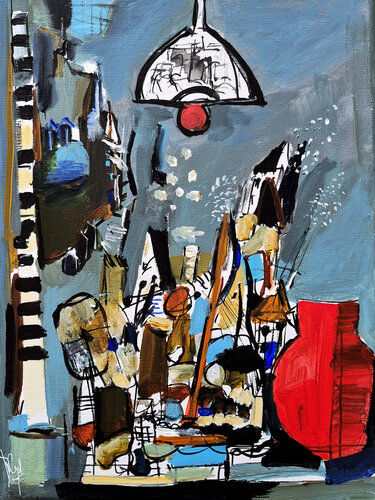 Intérieur-extérieur au vase rouge version III par Muriel Cayet, Peinture en vente sur Singulart
