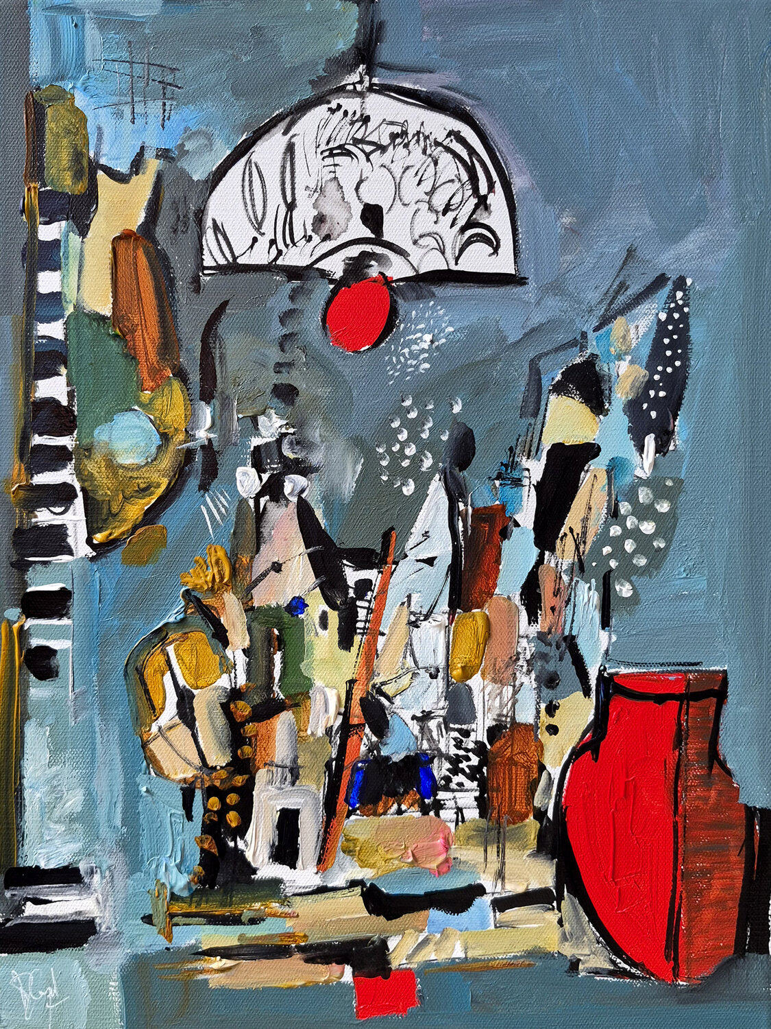 Intérieur-extérieur au vase rouge Muriel Cayet Originalgemälde zu verkaufen