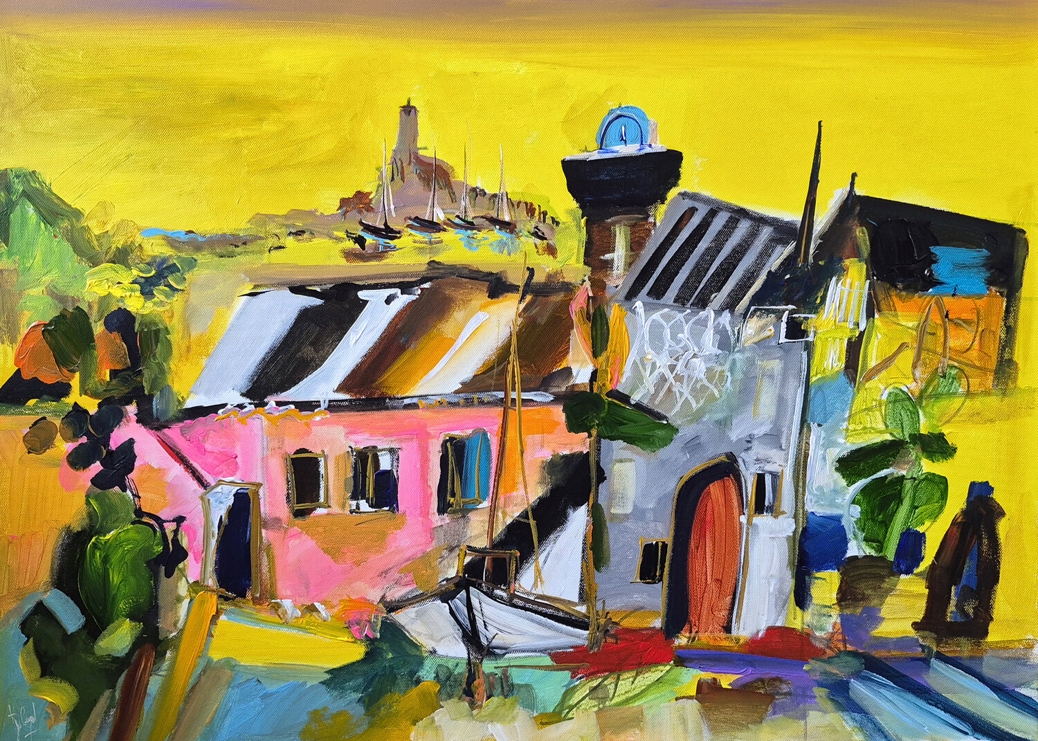 Village à la maison rose Muriel Cayet Origineel schilderij te koop