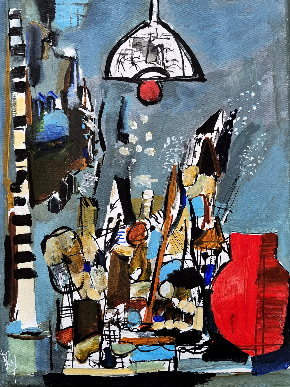 Intérieur-extérieur au vase rouge version III Muriel Cayet Dipinto originale in vendita