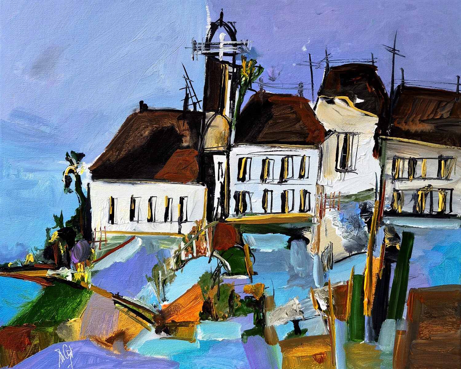 Le village s'éveille en bleu Muriel Cayet Originalgemälde zu verkaufen