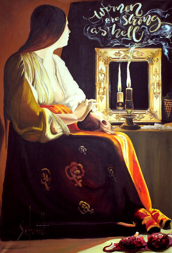 WOMEN ARE STRONG AS HELL (D'après Georges de La Tour) van Jean-Paul Schmitt, Schilderij te koop op Singulart