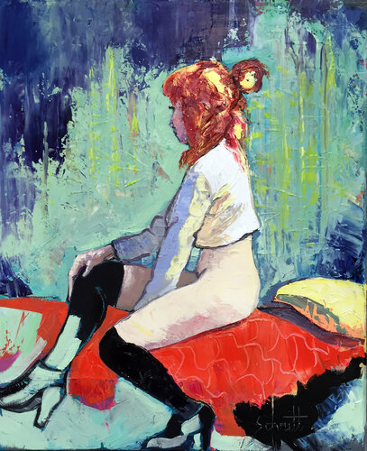 NU À LA COUVERTURE ROUGE van Jean-Paul Schmitt, Schilderij te koop op Singulart