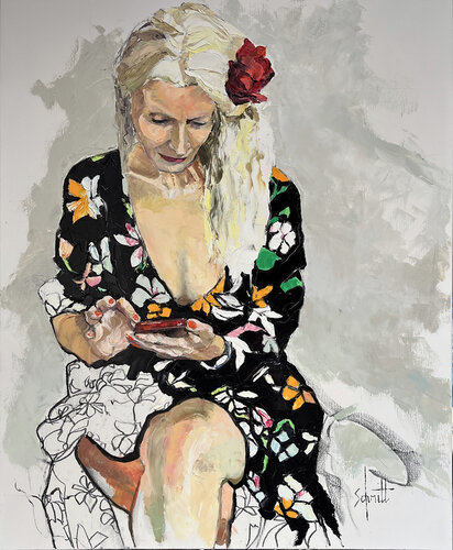 ANNE EN ROBE À FLEURS (Au portable) by Jean-Paul Schmitt, Painting for Sale on Singulart