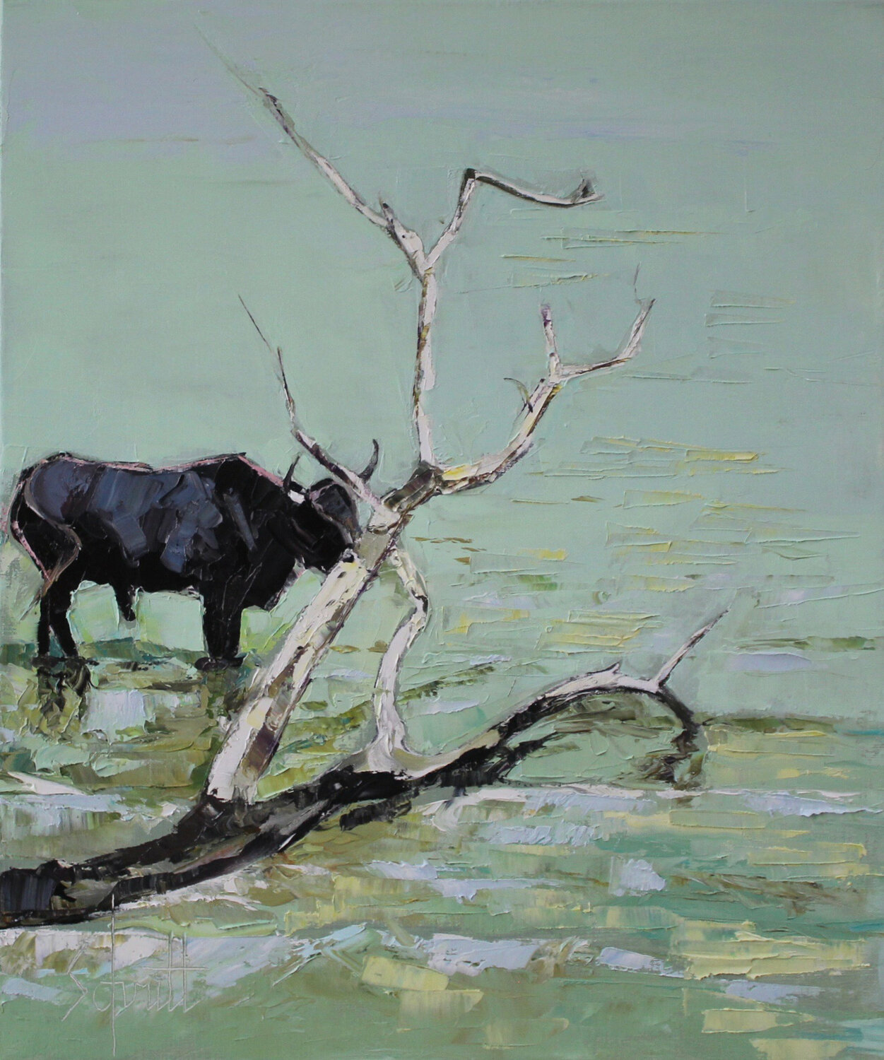 CAMARGUE (Taureau dans le Petit Rhône) Jean-Paul Schmitt Originalgemälde zu verkaufen