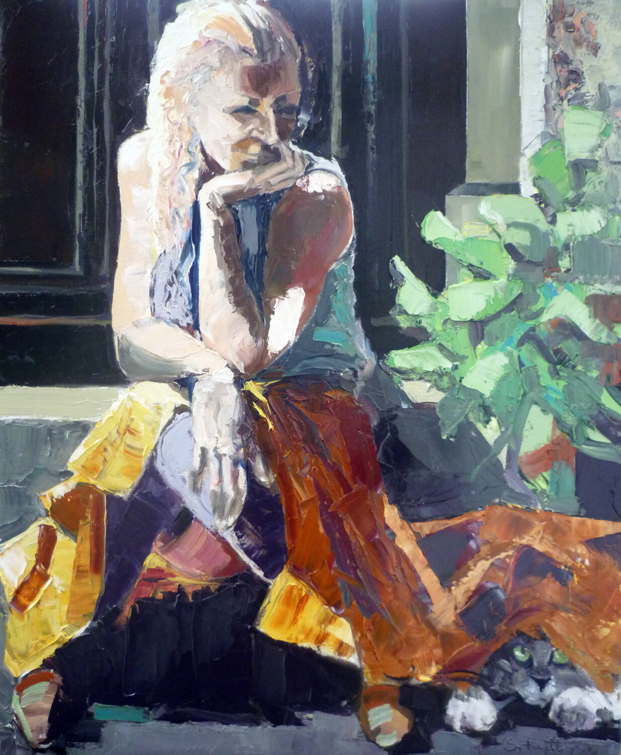 ASSISE AU PORTAIL (Le chat sous sa robe) Jean-Paul Schmitt Originalgemälde zu verkaufen