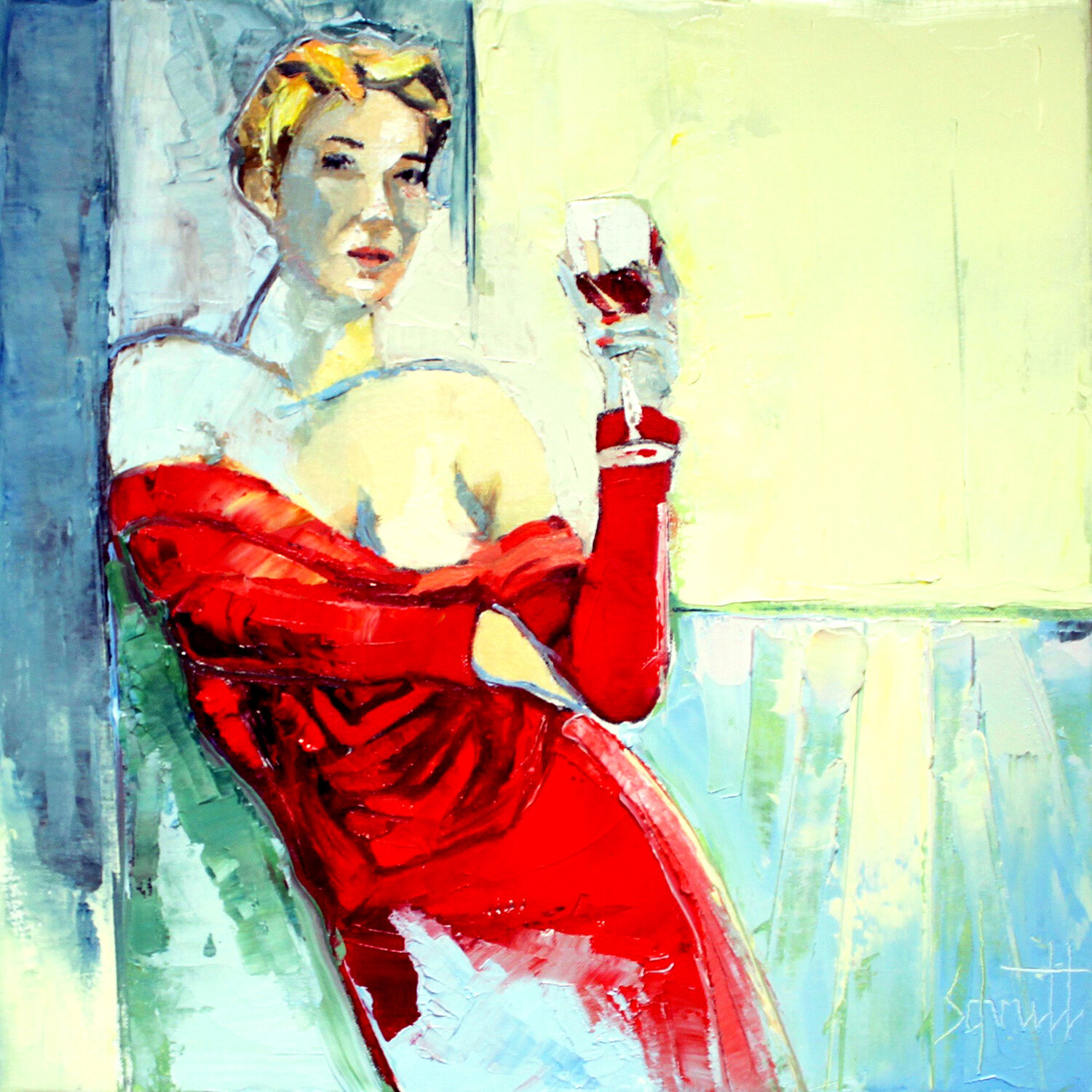 CAFÉ LII (À la robe rouge) Jean-Paul Schmitt Originalgemälde zu verkaufen