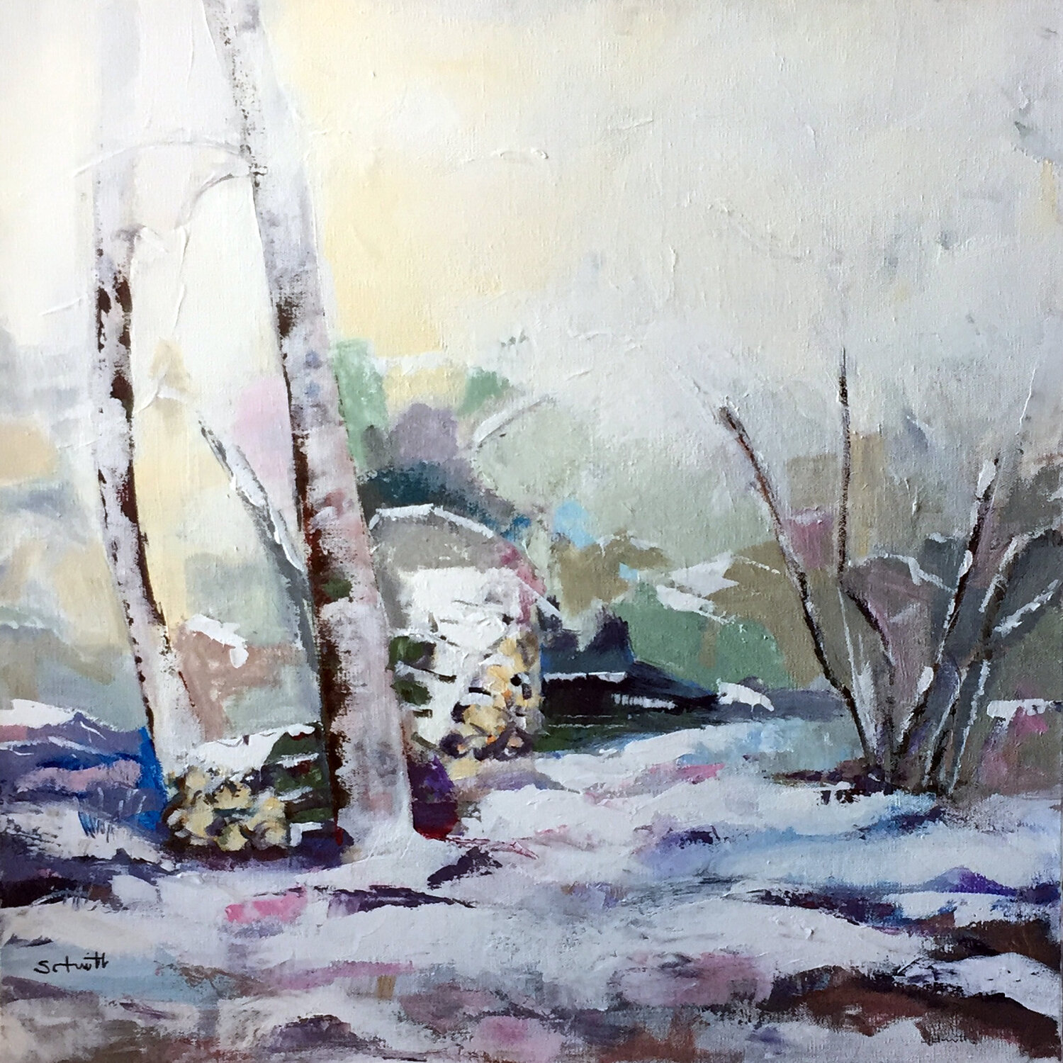 TAS DE BOIS SOUS LA NEIGE Jean-Paul Schmitt Originalgemälde zu verkaufen