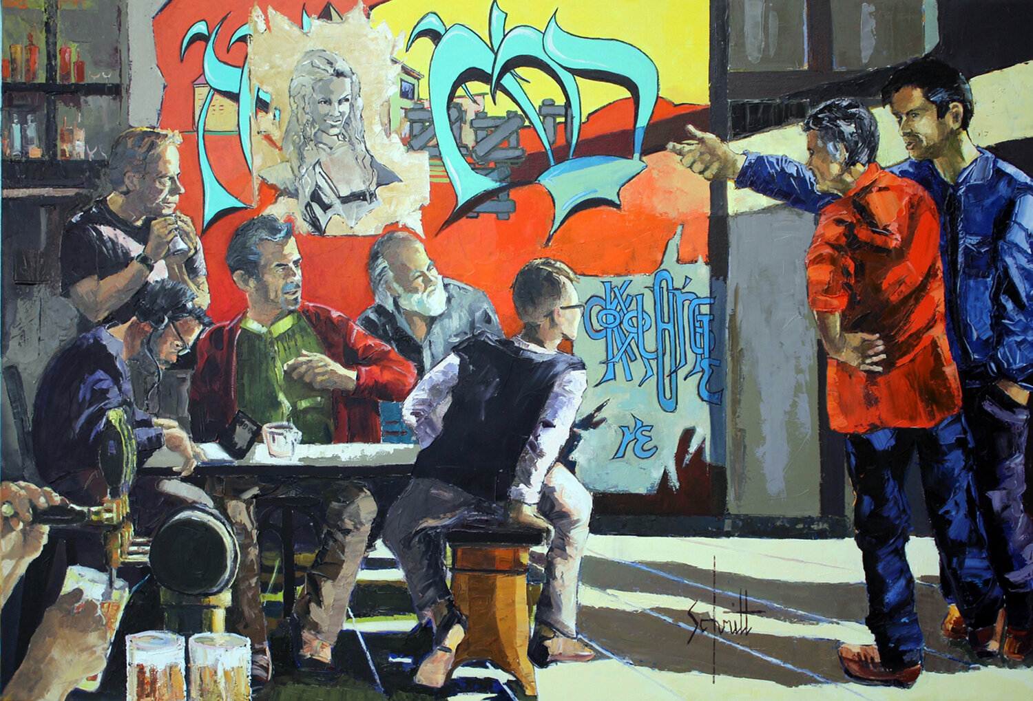 CAFÉ XVIII (Chez Merisi) Jean-Paul Schmitt Originalgemälde zu verkaufen