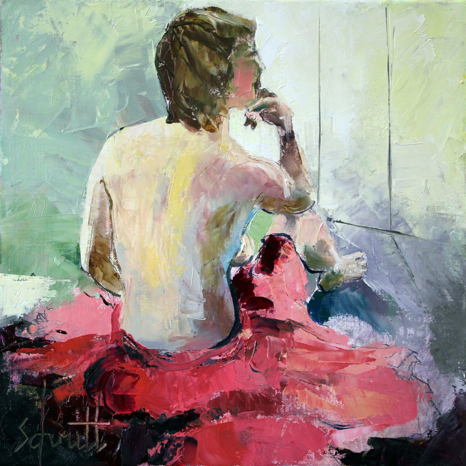 DANS L'ATELIER III (À la robe rose) Jean-Paul Schmitt Originalgemälde zu verkaufen