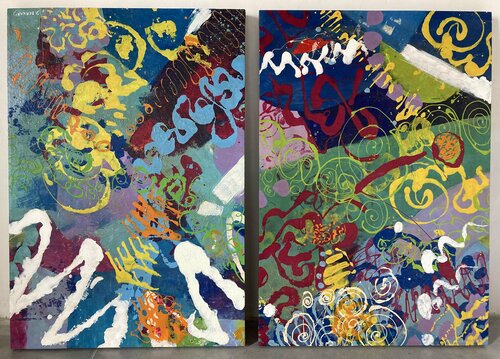Diptyque - Fête de la Musique (It's A New Day!) par Delphine Bernard, Peinture en vente sur Singulart