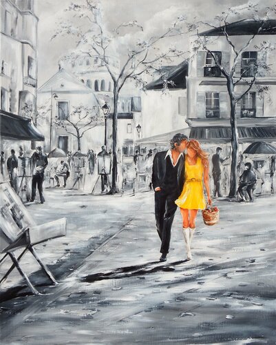 La bohème (Jane et Gainsbourg à Montmartre) par Marie-Laure SOUQ, Peinture en vente sur Singulart