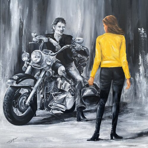 Une virée en moto, avec Johnny HALLYDAY von Marie-Laure SOUQ, Druck kaufen auf Singulart