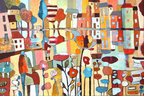 Village en fête van Claire Biette, Schilderij te koop op Singulart
