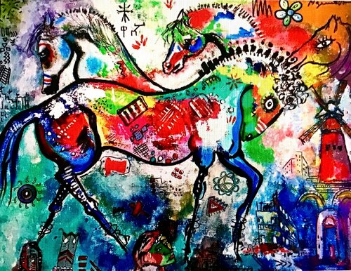 Les chevaux du moulin rouge par Jean-Louis Azencott, Peinture en vente sur Singulart
