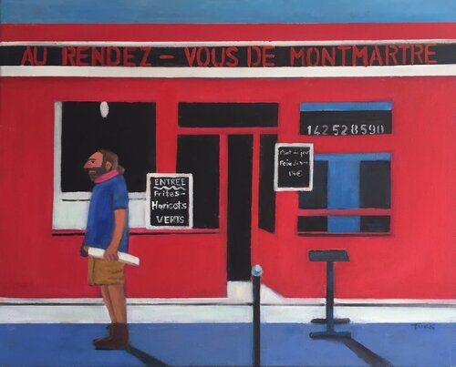 "Paris  Montmartre  Cafe- Waiting For A Friend" di JO Tuck, Pittura in vendita su Singulart