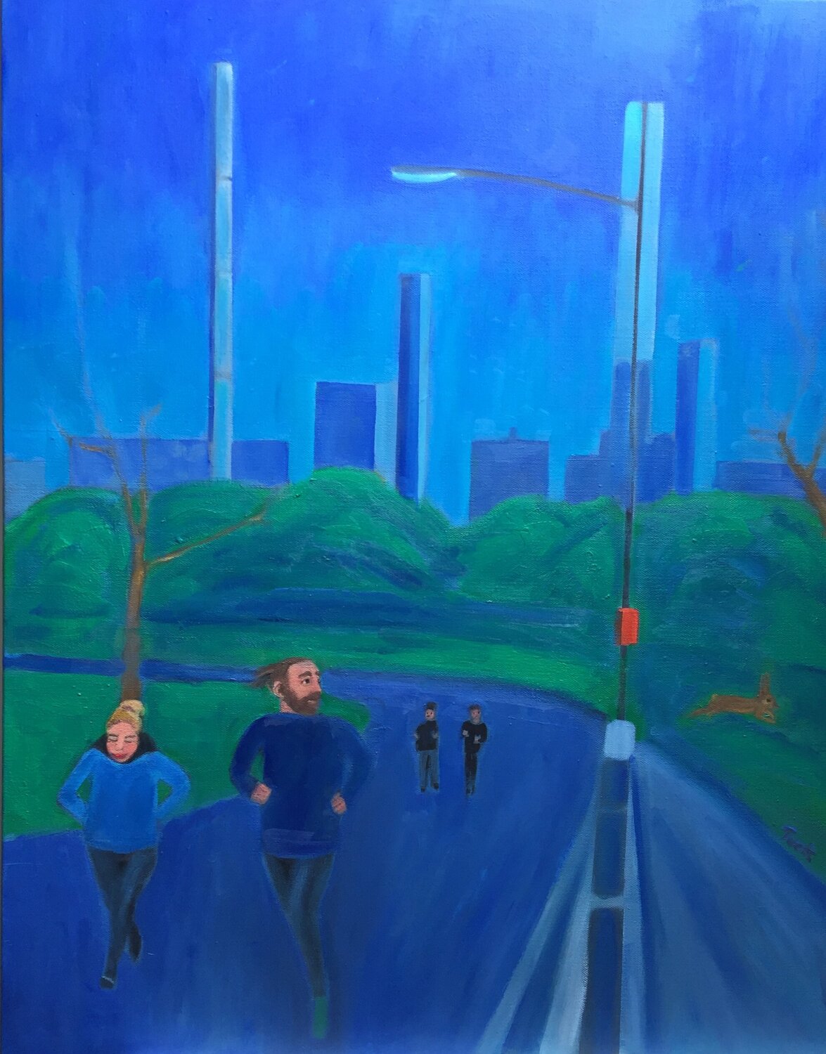 "New York Central Park -Running With The Hares  " JO Tuck Peinture originale à vendre