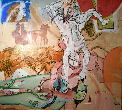 Achilles ties Hector's body to his chariot and drags it before the walls of Troy while Priam (upper left) is forced to watch. di James A Hamilton III, Pittura in vendita su Singulart