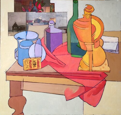 Studio interior, Coleman's mustard can, electric torch and bottle by James A Hamilton III, 油畫 for Sale on Singulart