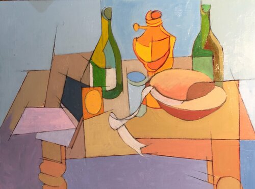 Brass lamp, salad bowl and bottles van James A Hamilton III, Schilderij te koop op Singulart