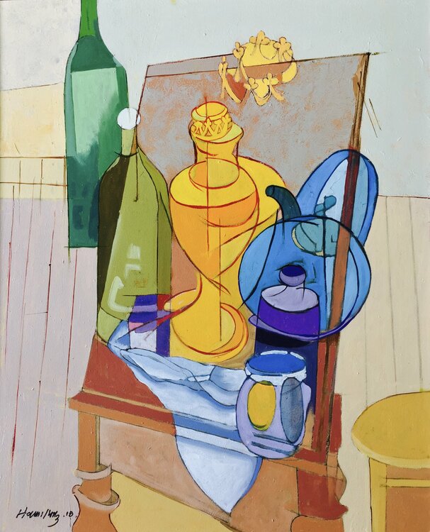 Teapot, bottles and Brass Lamp James A Hamilton III