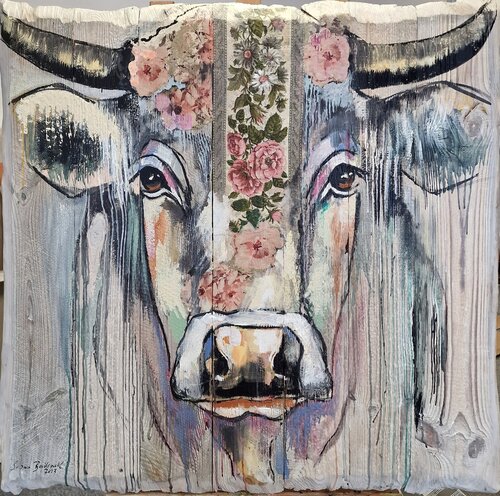 Stadl - Kuh  Alpenrose  (auf Altholz gemalt) von Sabina Bockemühl, Malerei kaufen auf Singulart
