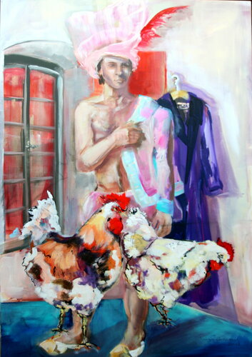 Zwei Gockel und ein Huhn von Sabina Bockemühl, Malerei kaufen auf Singulart