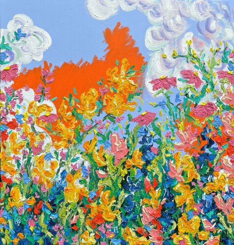 Central Park II- Irises, Lilies  and Daisies with Red, Blue and Orange di Jon Parlangeli, Pittura in vendita su Singulart