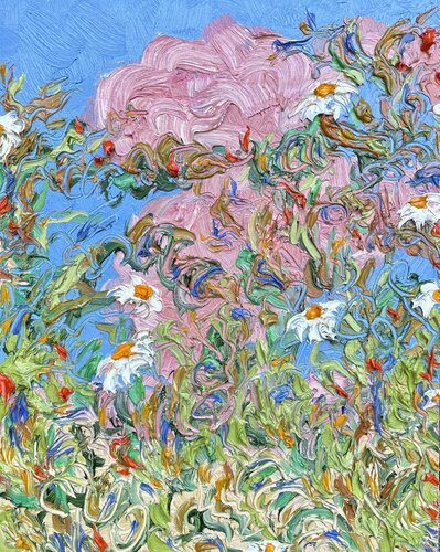 Blue-Pink with White Daisies After a Sleepless Night di Jon Parlangeli, Pittura in vendita su Singulart