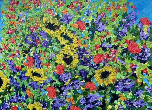 Sunflowers with Red, Blue and Purple de Jon Parlangeli, Pintura a la venta en Singulart