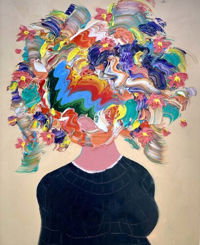 Women in Black With Pink Blooms van Jon Parlangeli, Schilderij te koop op Singulart