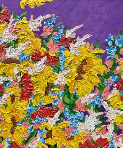 Sunflowers with Dahlias in Purple von Jon Parlangeli, Malerei kaufen auf Singulart