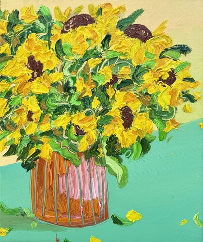 Sunflowers With Red-Orange Vase van Jon Parlangeli, Schilderij te koop op Singulart