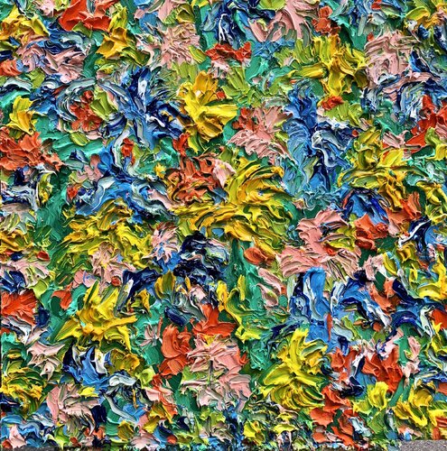 Blooms in Pink and Blue with Yellows di Jon Parlangeli, Pittura in vendita su Singulart