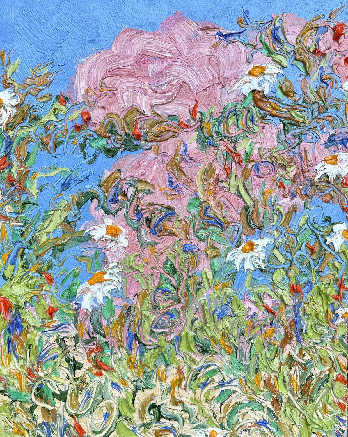 Blue-Pink with White Daisies After a Sleepless Night Jon Parlangeli Dipinto originale in vendita