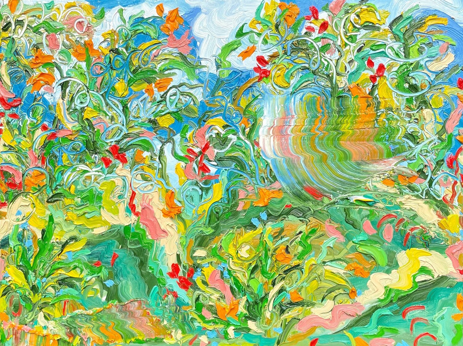 Warhol and Winnie in the Garden Jon Parlangeli Originalgemälde zu verkaufen