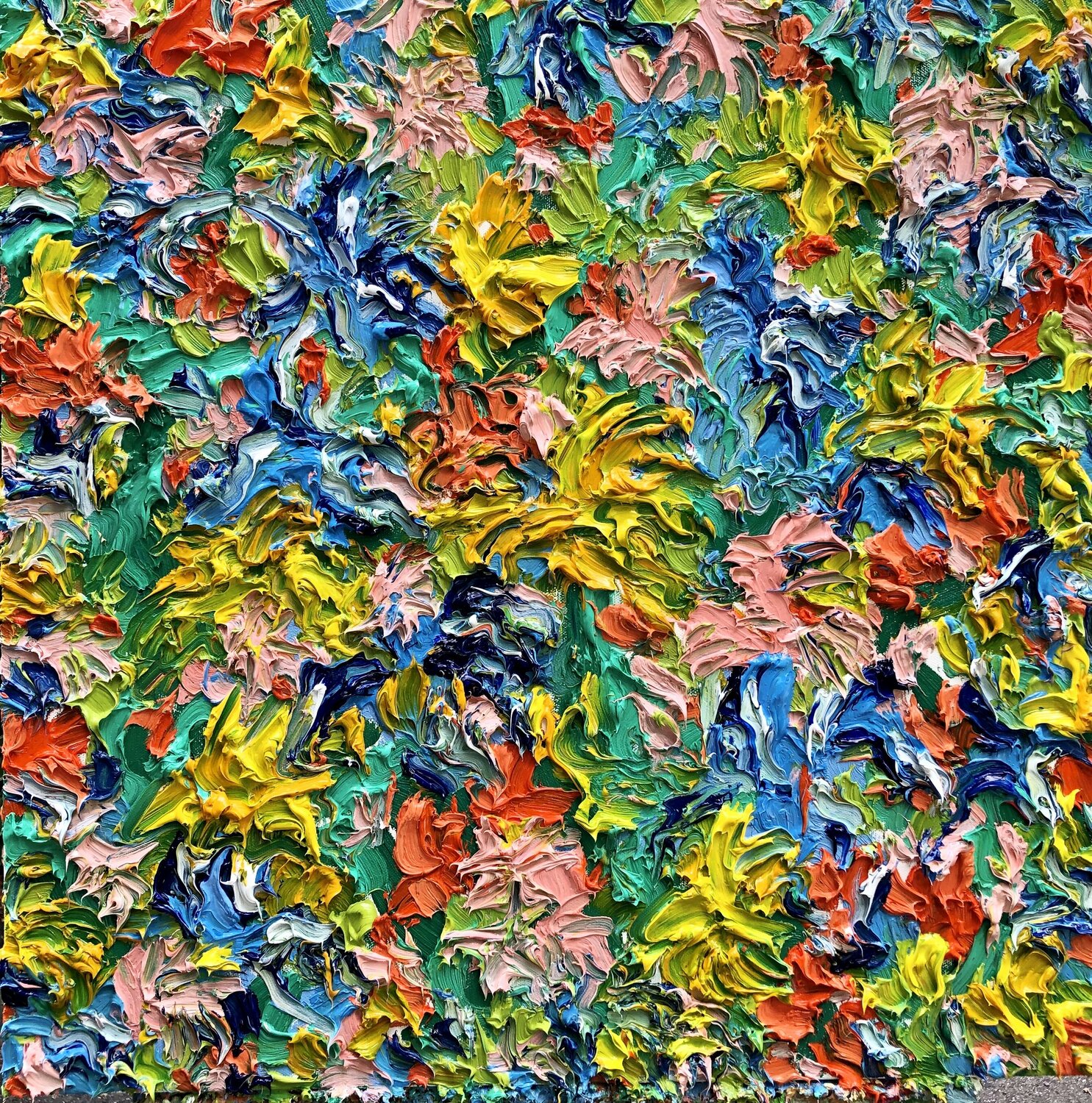 Blooms in Pink and Blue with Yellows Jon Parlangeli Originalgemälde zu verkaufen