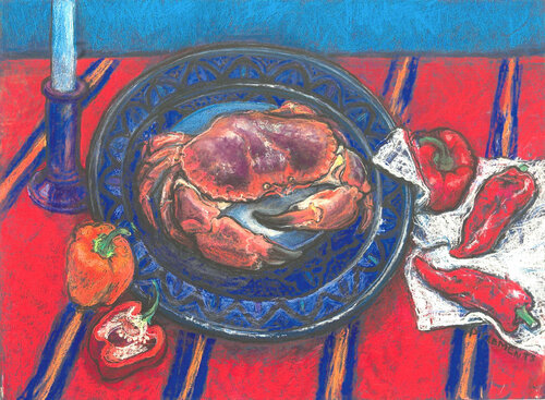 Dinner with Crab and red Chilies still life von Patricia Clements, Werk auf Papier kaufen auf Singulart