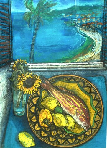 Snapper fish with a window view of Nice von Patricia Clements, Malerei kaufen auf Singulart