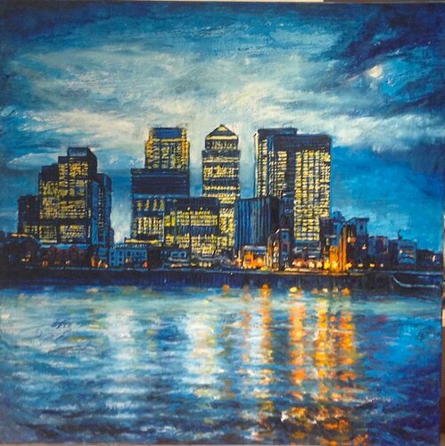 Canary Wharf sunset van Patricia Clements, Schilderij te koop op Singulart