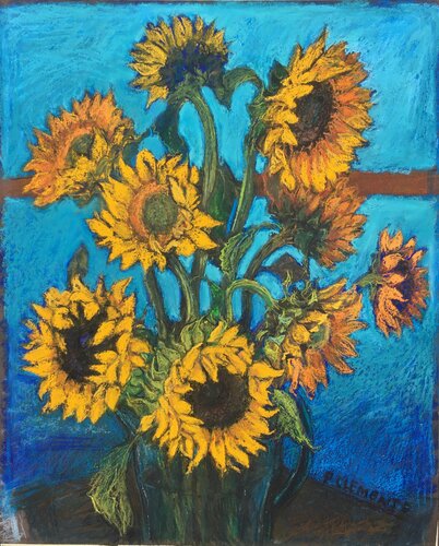 Sunflowers  with Kingfisher blue influenced by Van Gogh von Patricia Clements, Zeichnungen kaufen auf Singulart