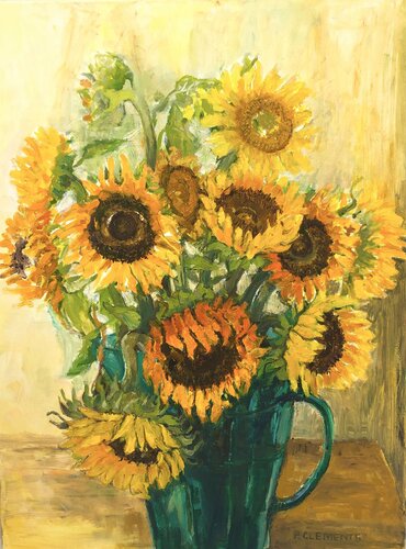 Sunflowers in a green jug von Patricia Clements, Malerei kaufen auf Singulart