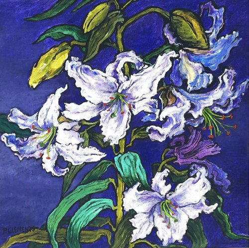 White Lilies on a purple background by Patricia Clements, Painting for Sale on Singulart