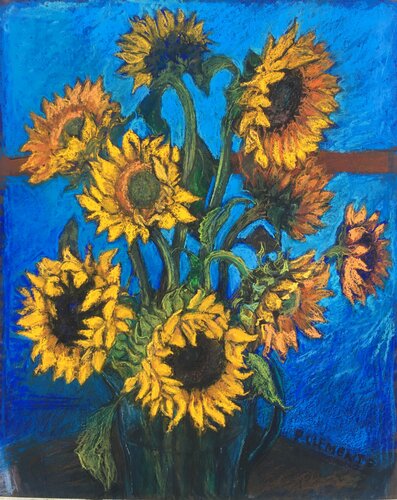 Sunflowers with Kingfisher blue influenced by Van Gogh van Patricia Clements, Werk op papier te koop op Singulart