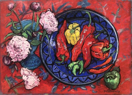 Peony and Peppers still life von Patricia Clements, Zeichnungen kaufen auf Singulart