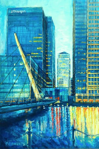 Canary Wharf at dusk  London cityscape di Patricia Clements, Pittura in vendita su Singulart