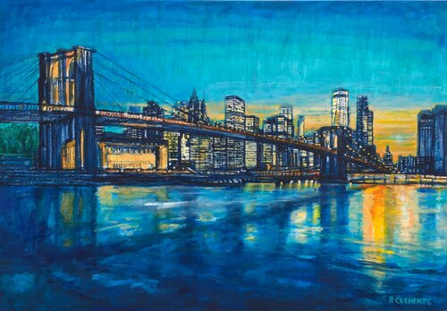 Brooklyn Bridge to Manhattan Sunset with Blue large Patricia Clements