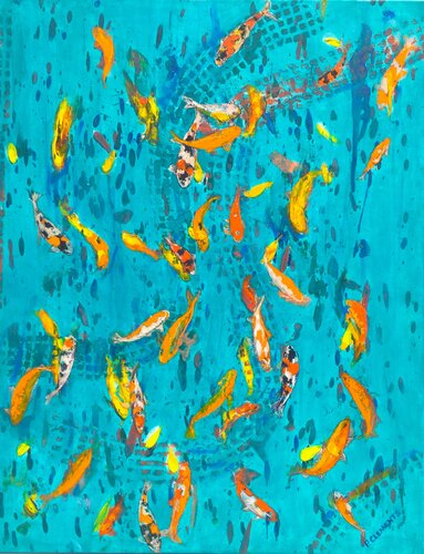 Dancing Gold fish di Patricia Clements, Pittura in vendita su Singulart