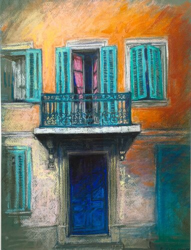 Blue shutters and balcony back streets in France von Patricia Clements, Malerei kaufen auf Singulart